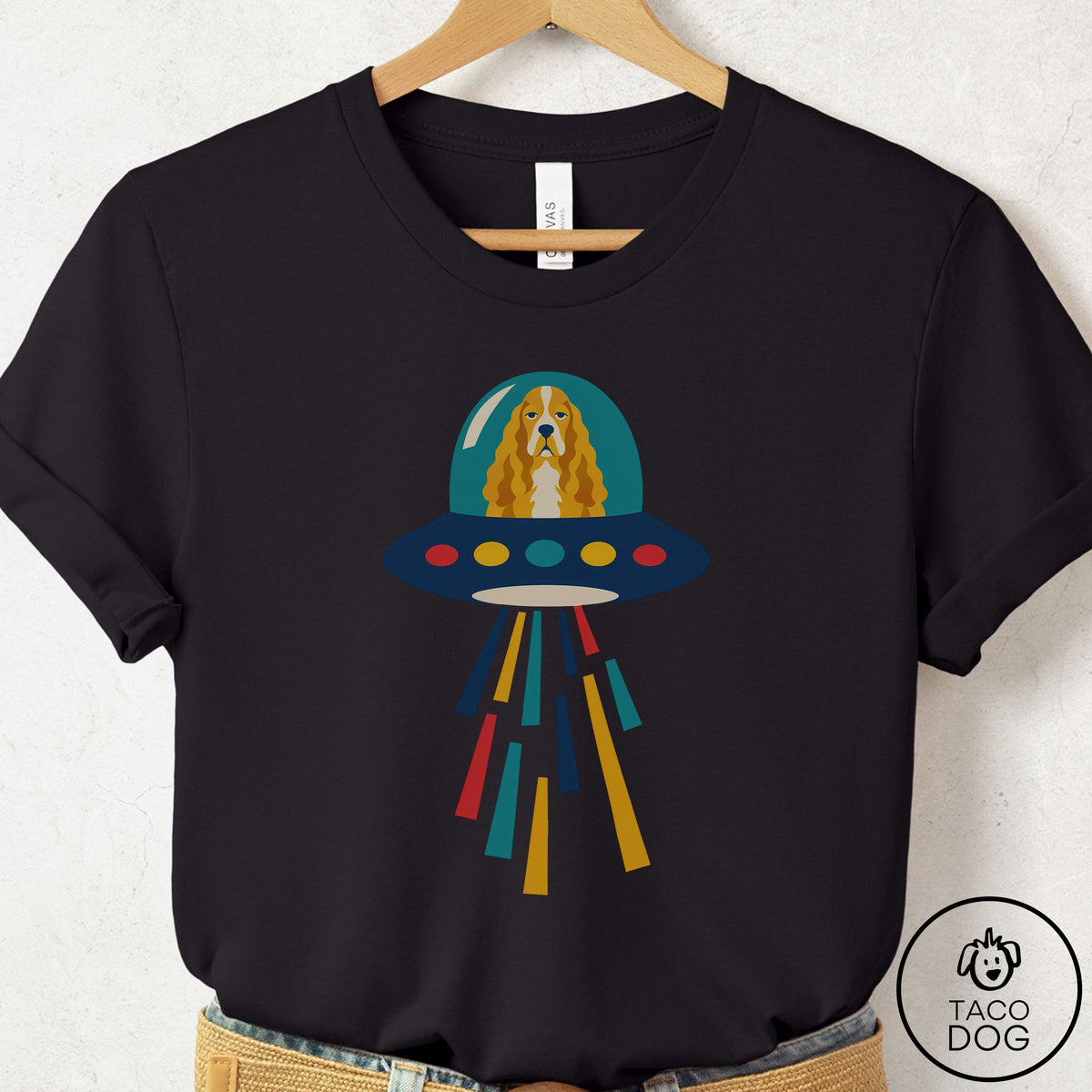 Cocker Spaniel UFO Joyride T-Shirt, design close-up