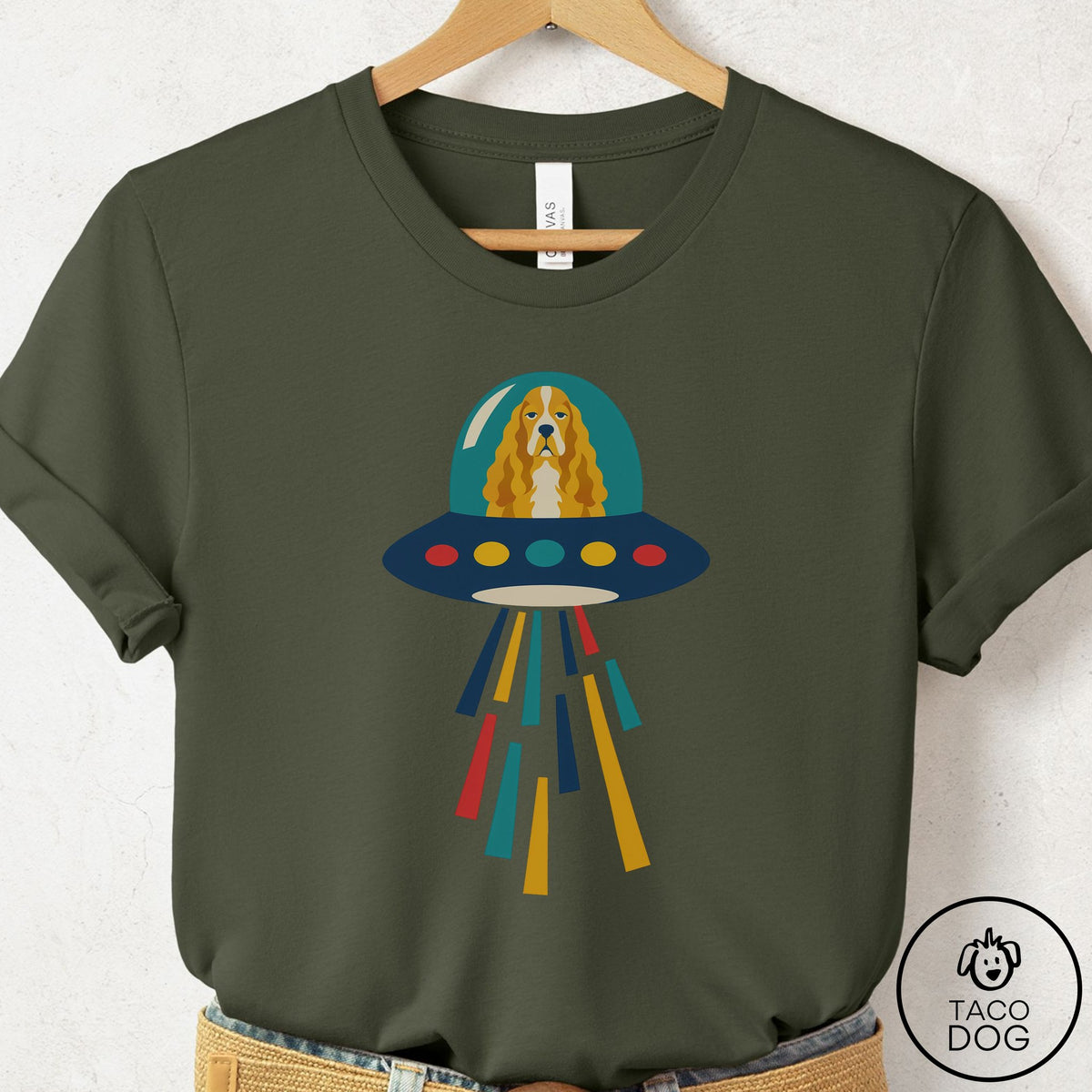 Cocker Spaniel UFO Joyride T-Shirt Military Green Taco-Dog