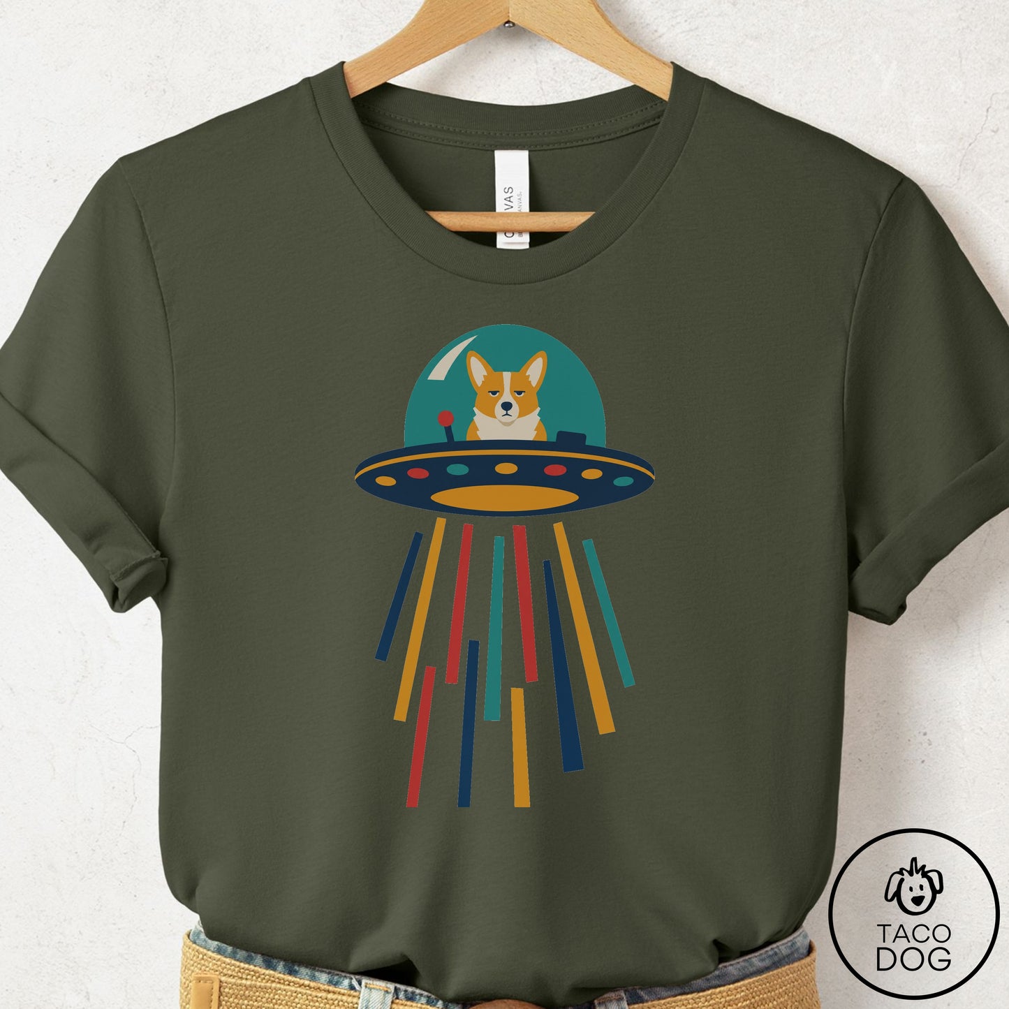 Corgi UFO Joyride T-Shirt Military Green Taco-Dog