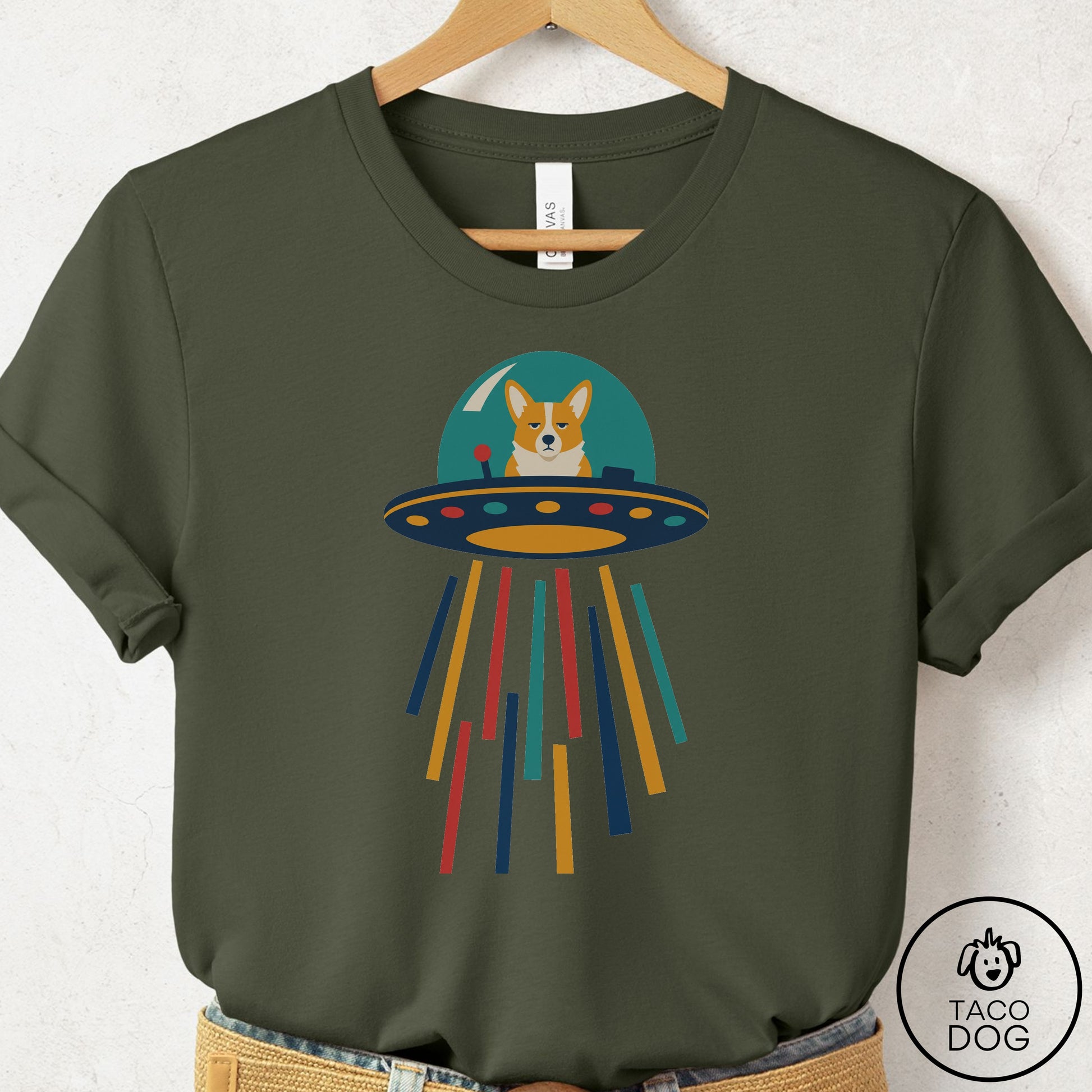 Corgi UFO Joyride T-Shirt Military Green Taco-Dog