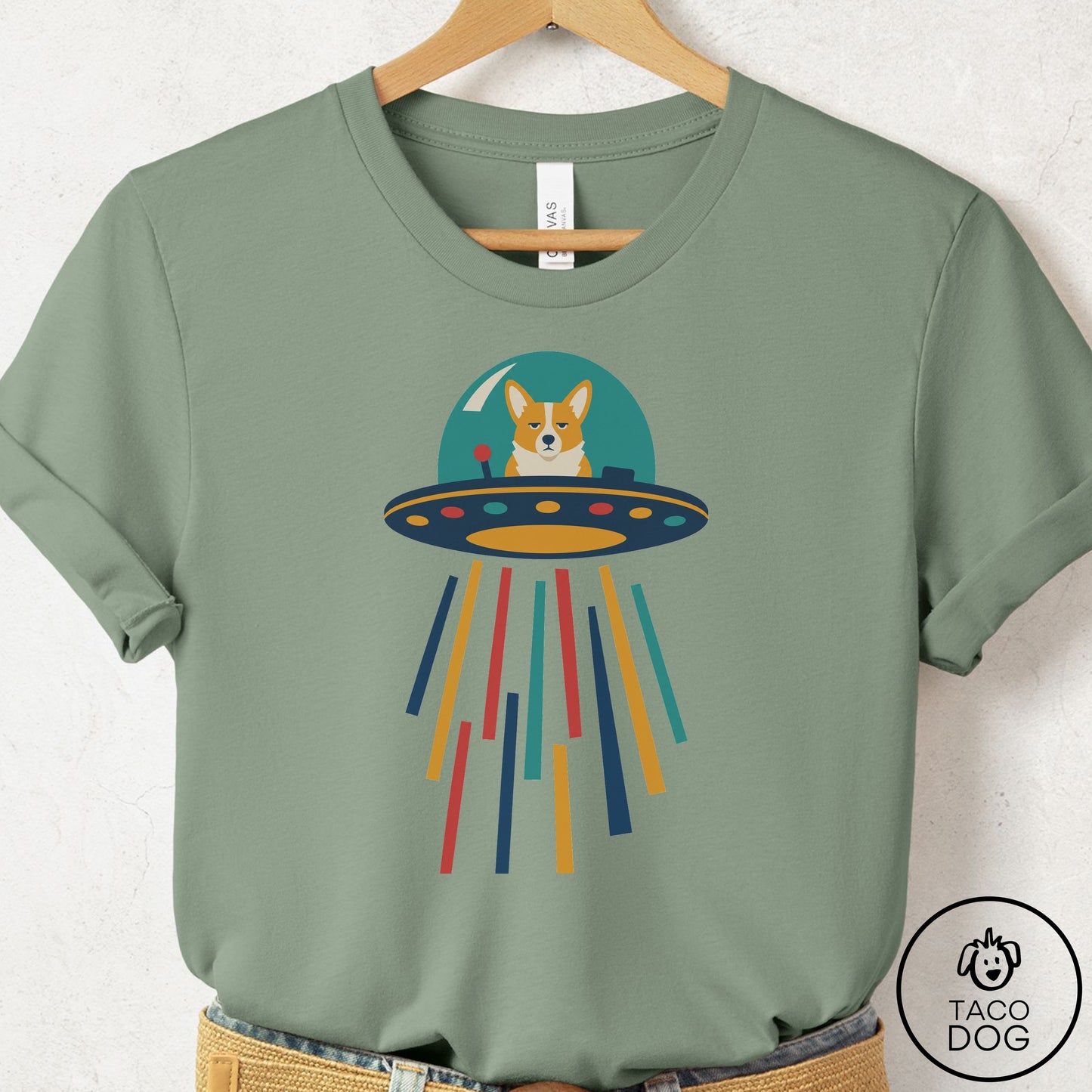 Corgi UFO Joyride T-Shirt Sage Taco-Dog