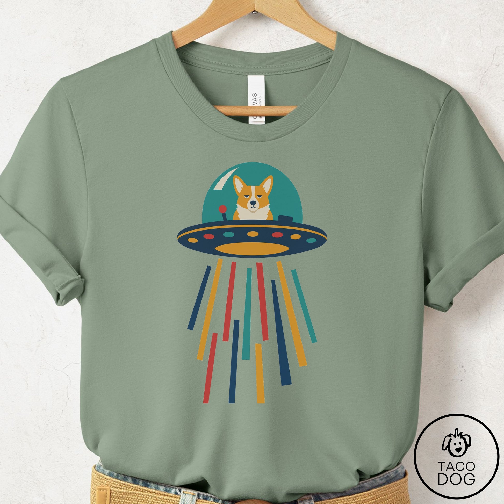Corgi UFO Joyride T-Shirt Sage Taco-Dog