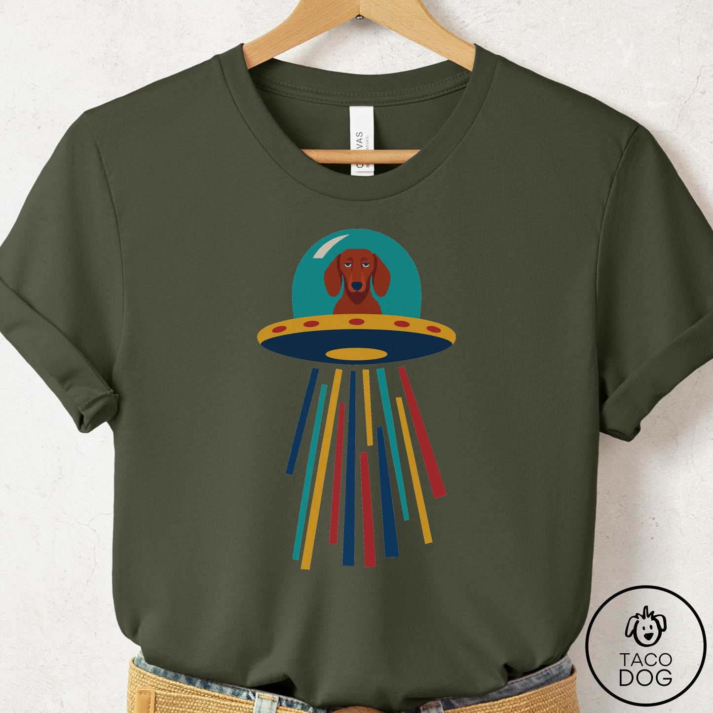 Dachshund UFO Joyride T-Shirt Military Green Taco-Dog
