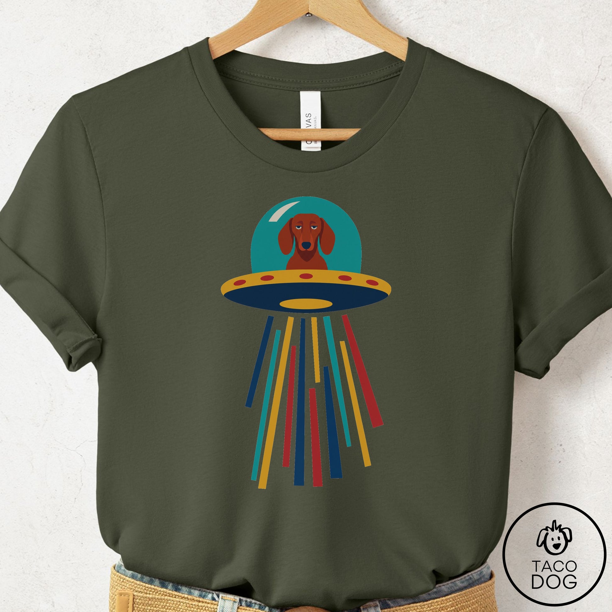 Dachshund UFO Joyride T-Shirt Military Green Taco-Dog