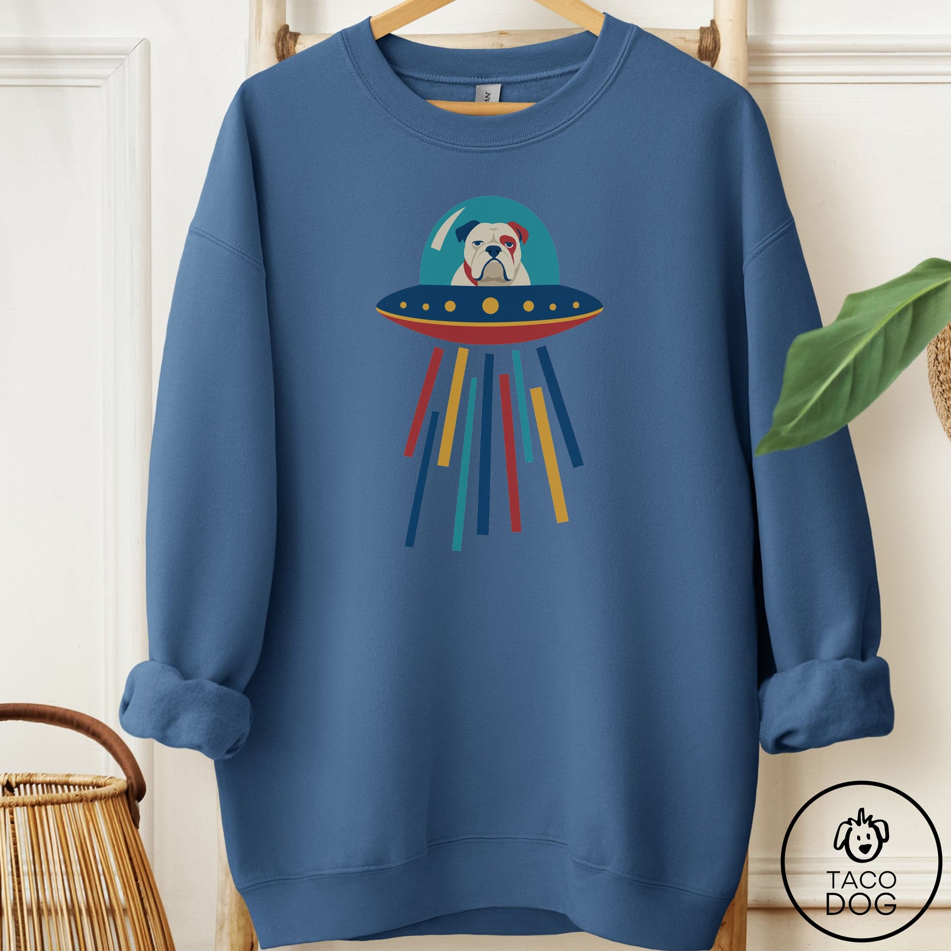 English Bulldog UFO Joyride Sweatshirt Indigo Blue Taco-Dog