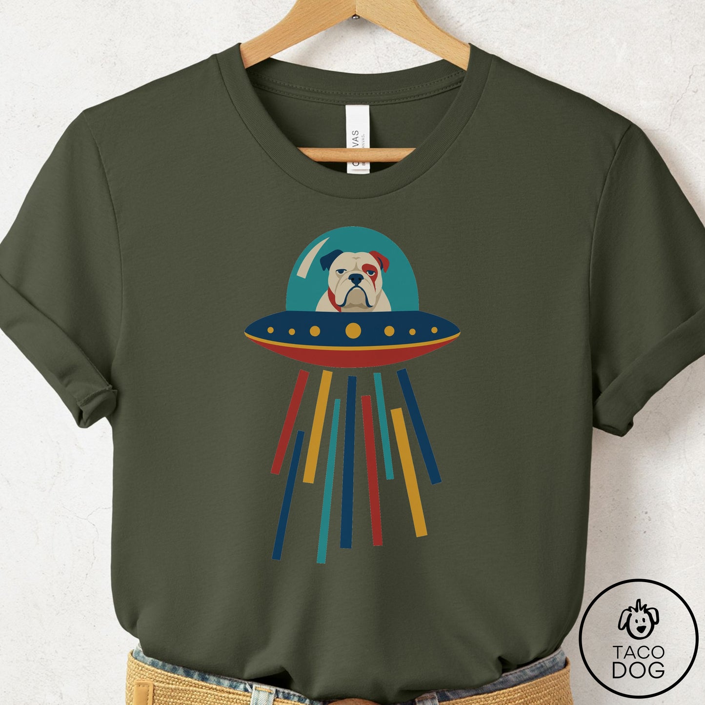 English Bulldog UFO Joyride T-Shirt Military Green Taco-Dog