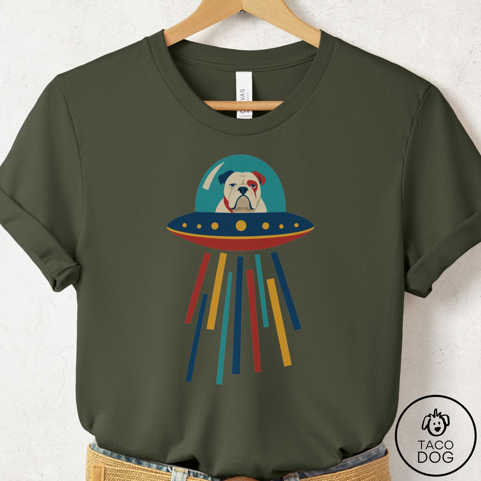 English Bulldog UFO Joyride T-Shirt Military Green Taco-Dog