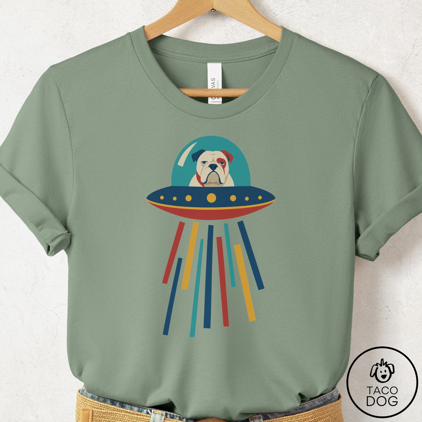 English Bulldog UFO Joyride T-Shirt Sage Taco-Dog
