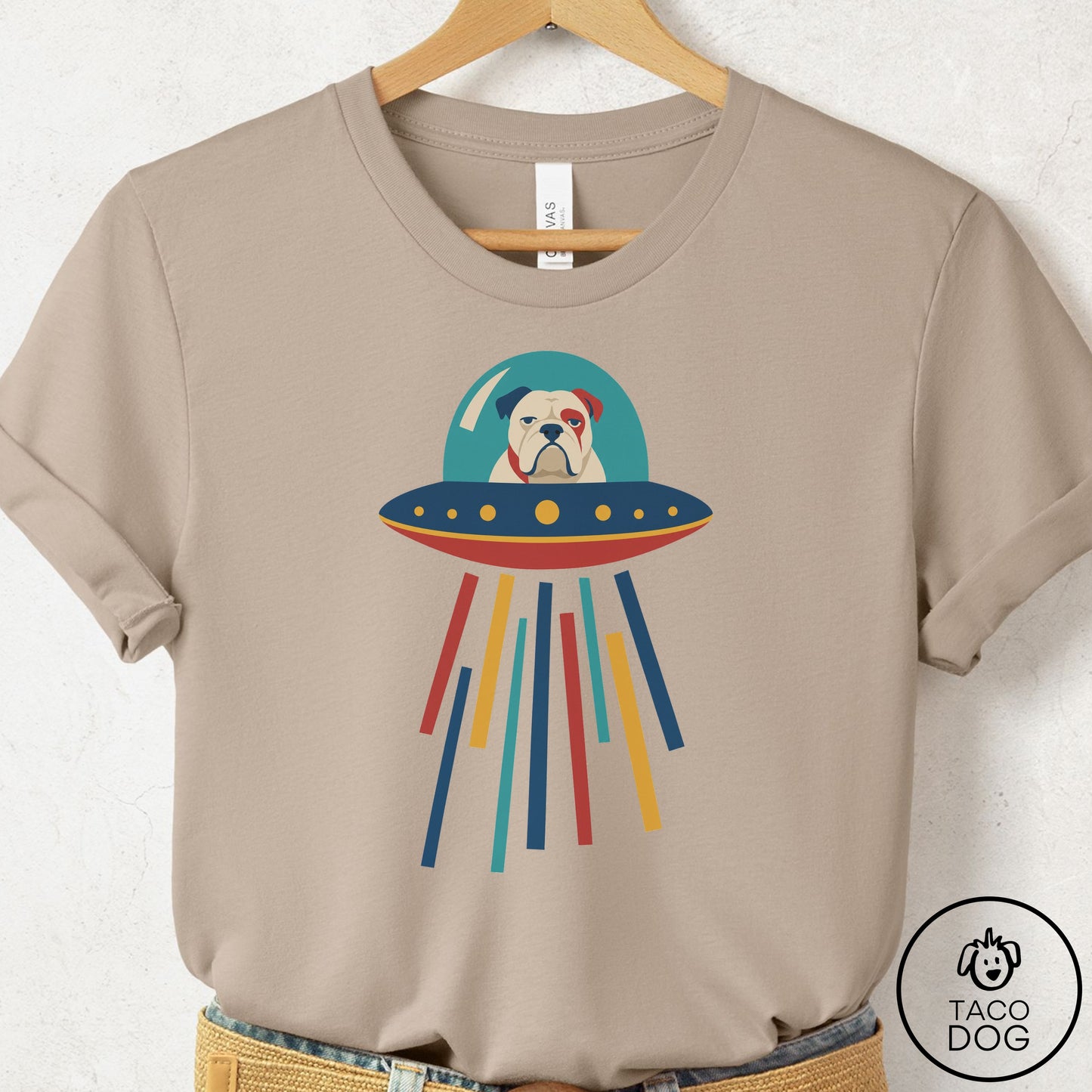 English Bulldog UFO Joyride T-Shirt Tan Taco-Dog