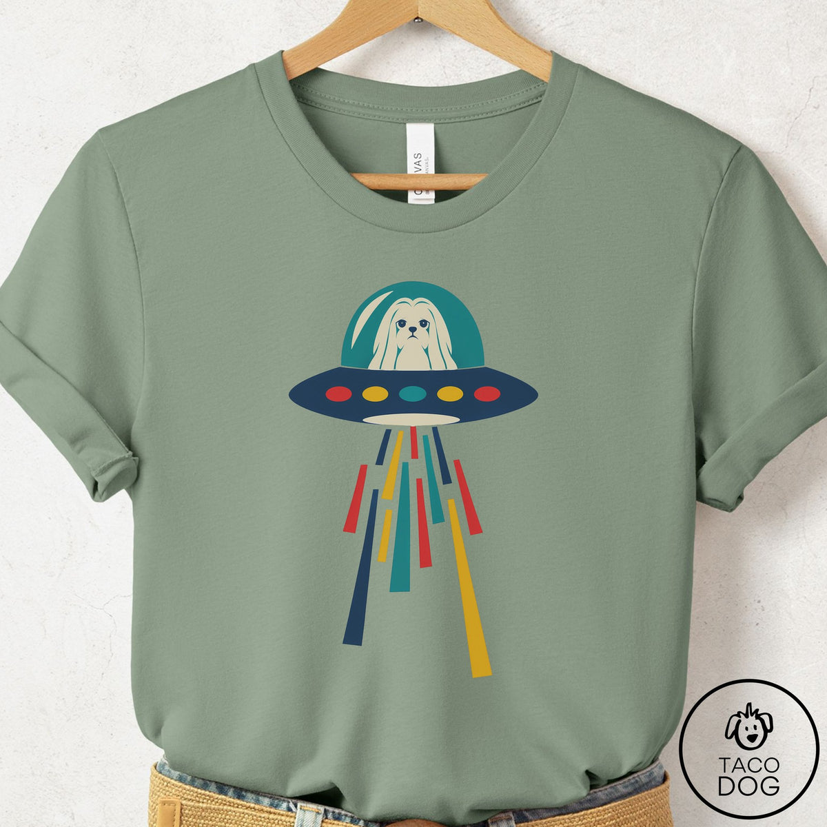 Maltese UFO Joyride T-Shirt Sage Taco-Dog