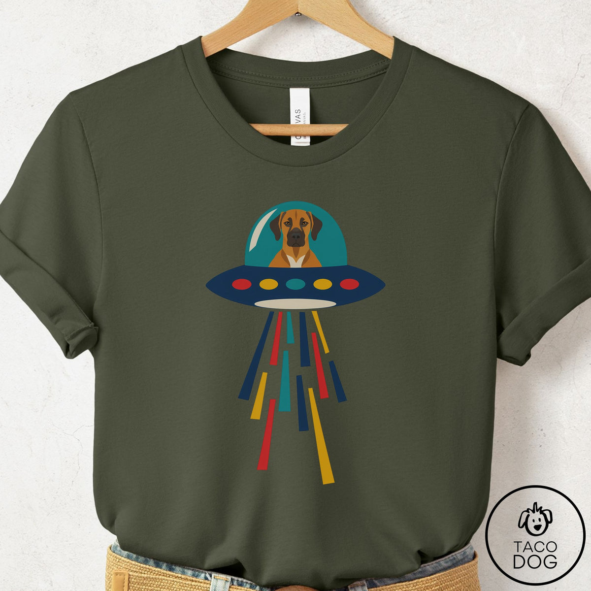 Rhodesian Ridgeback UFO Joyride T-Shirt Military Green Taco-Dog