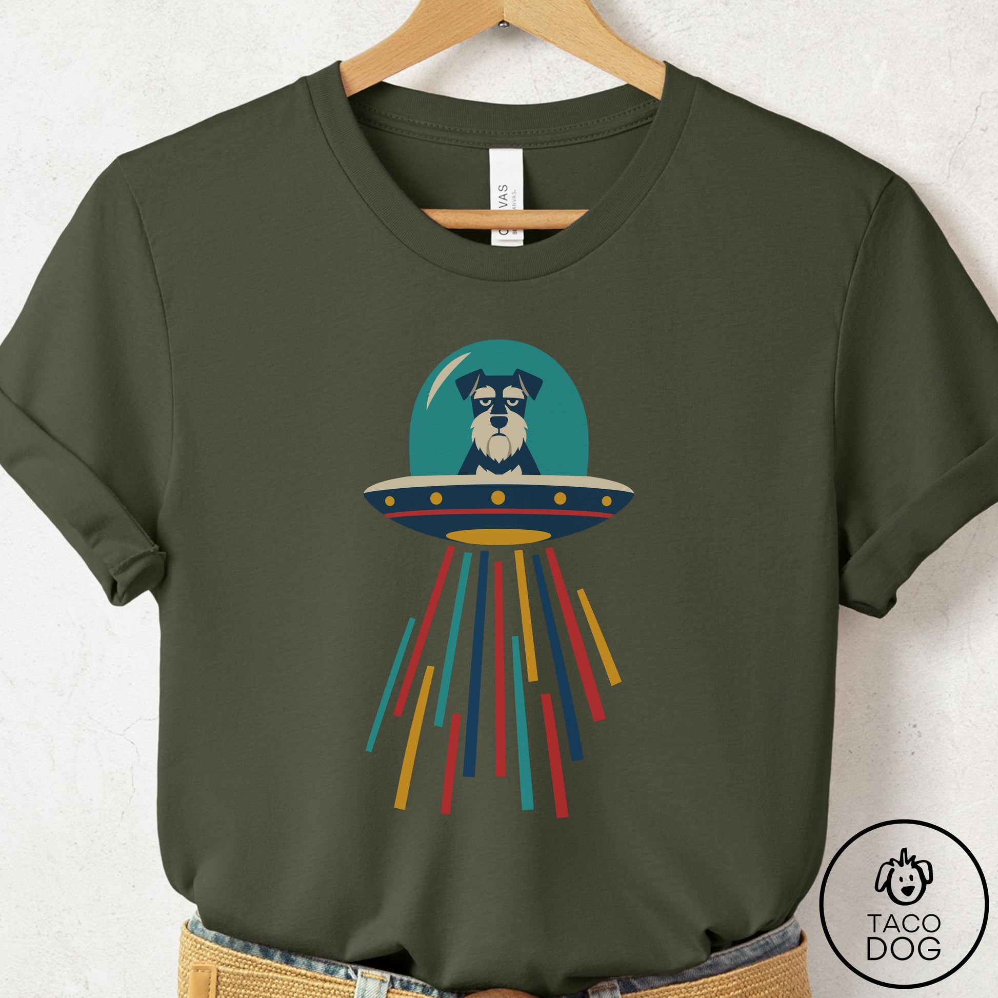 Schnauzer UFO Joyride T-Shirt Military Green Taco-Dog