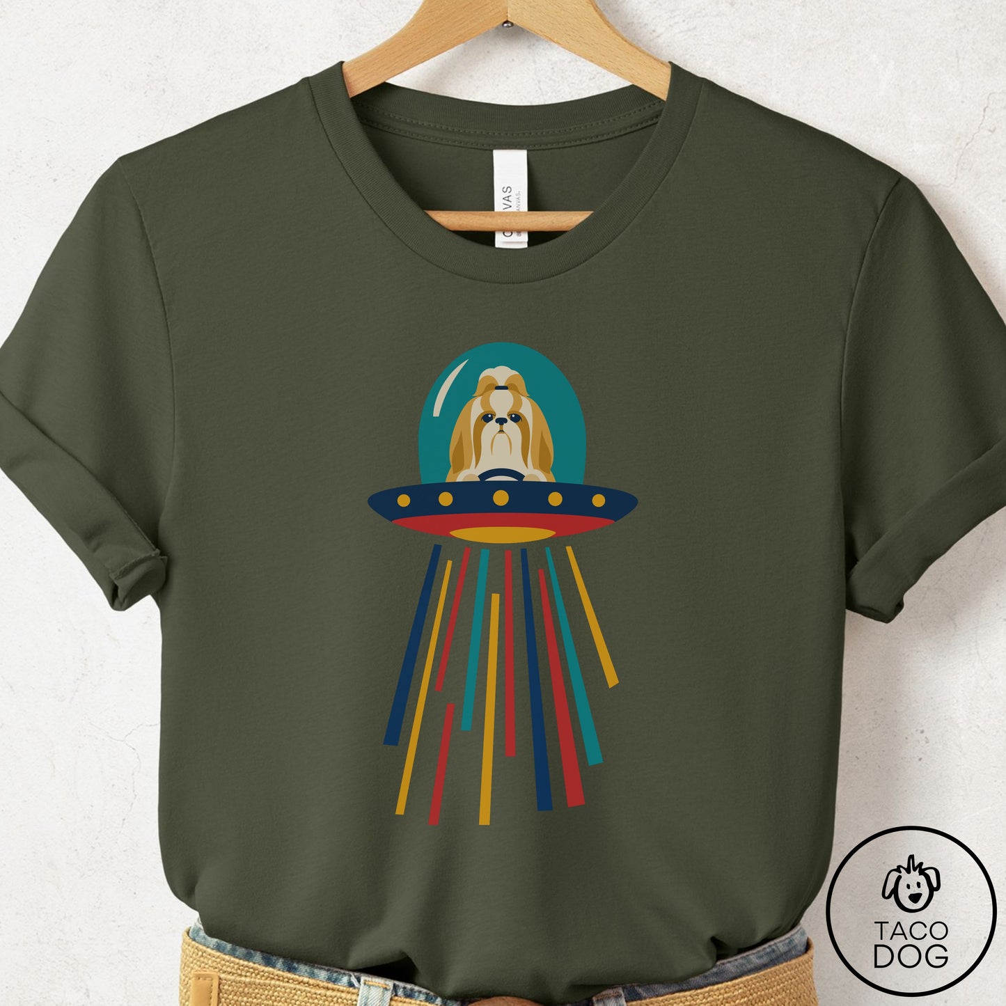 Shih Tzu UFO Joyride T-Shirt Military Green Taco-Dog