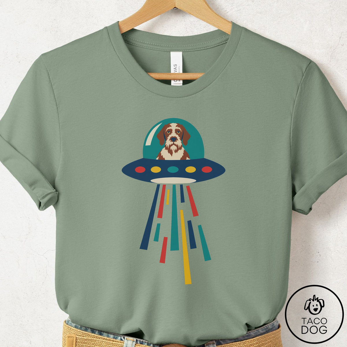 Wirehaired Pointing Griffon UFO Joyride T-Shirt Sage Taco-Dog