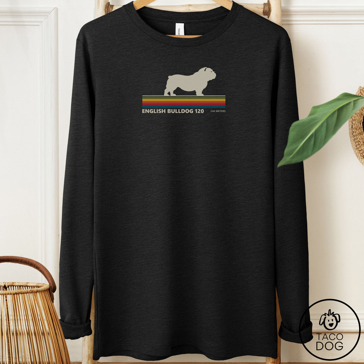 English Bulldog VHS Long Sleeve Tee Black Heather Taco-Dog
