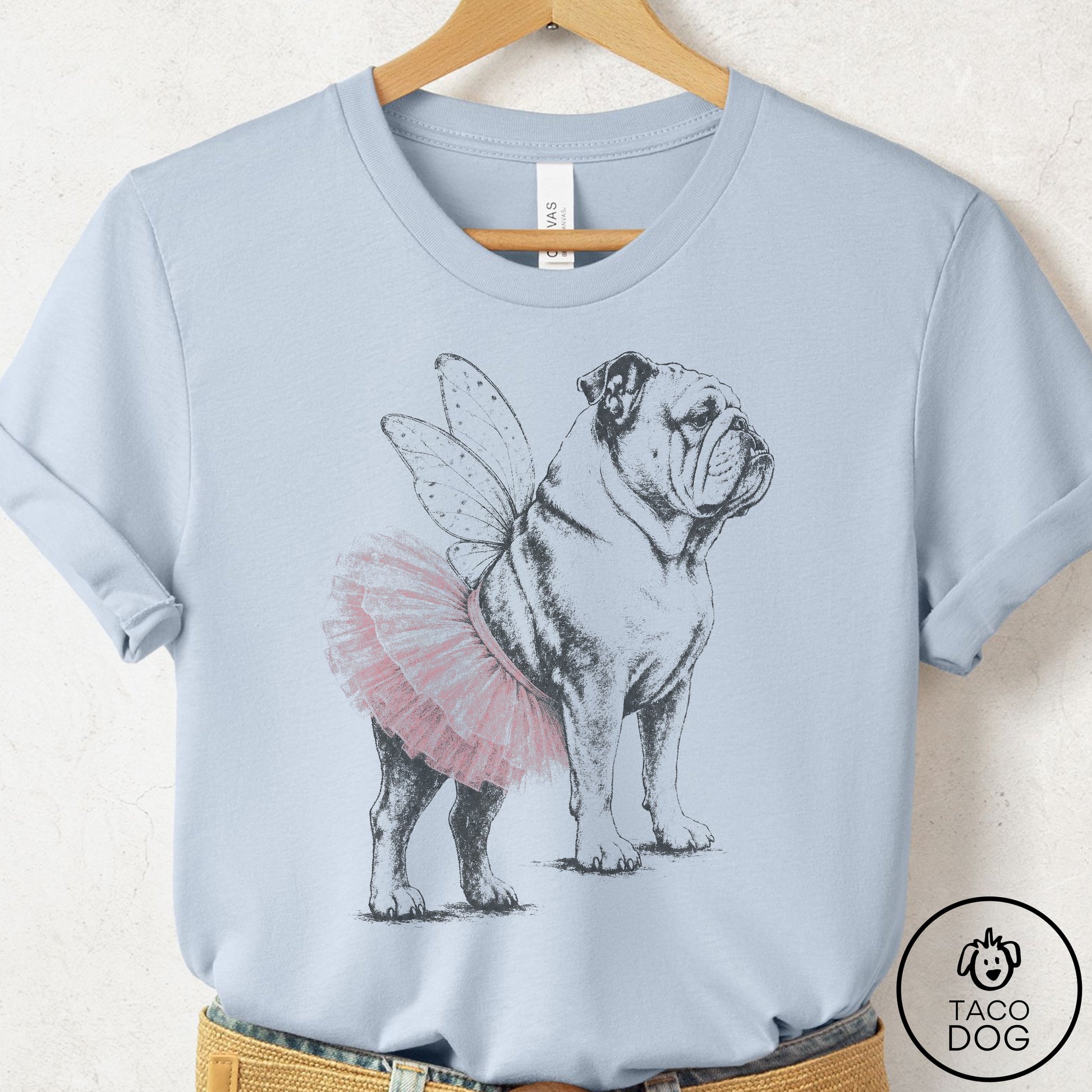English Bulldog Vintage Fairy T-Shirt Light Blue Taco-Dog
