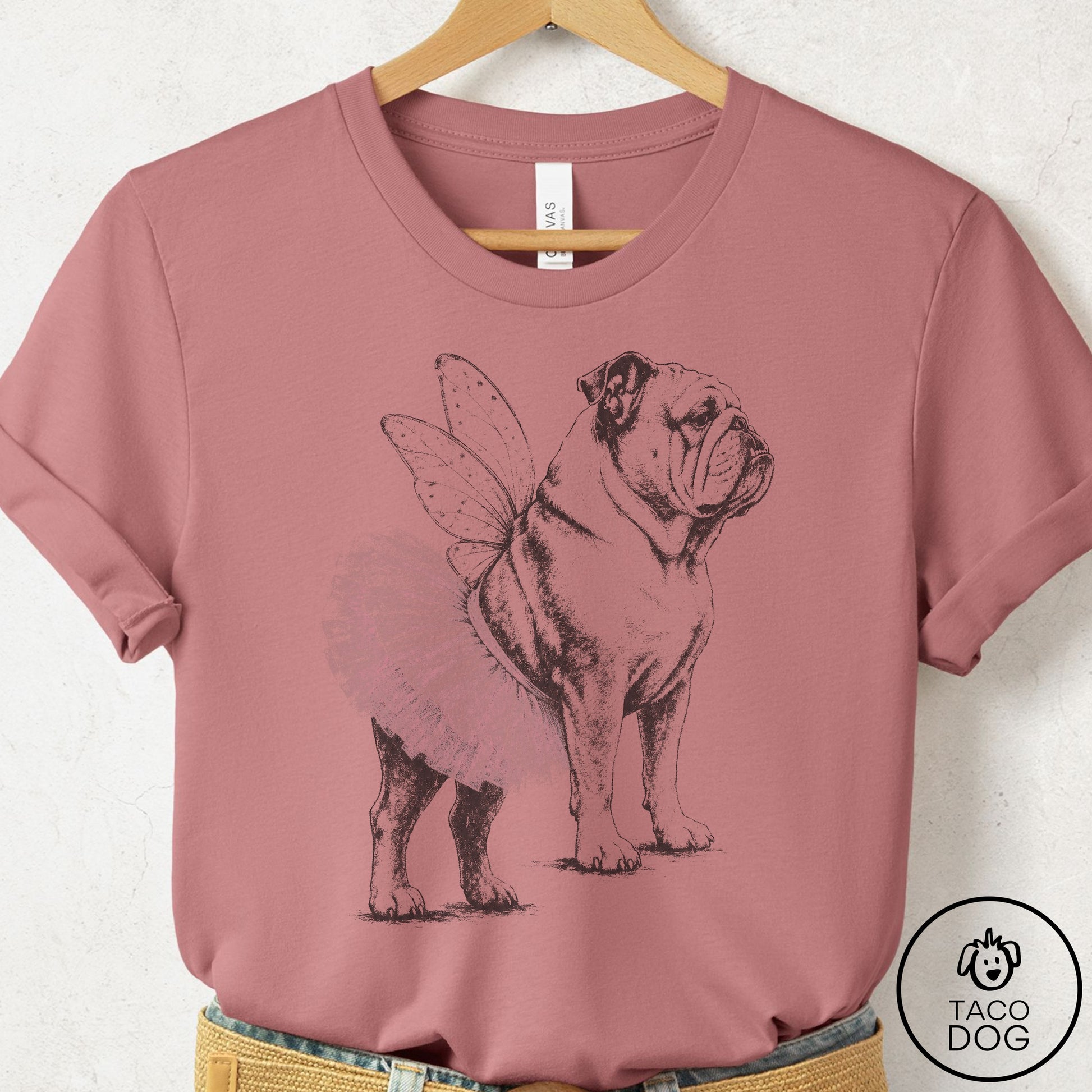 English Bulldog Vintage Fairy T-Shirt Mauve Taco-Dog