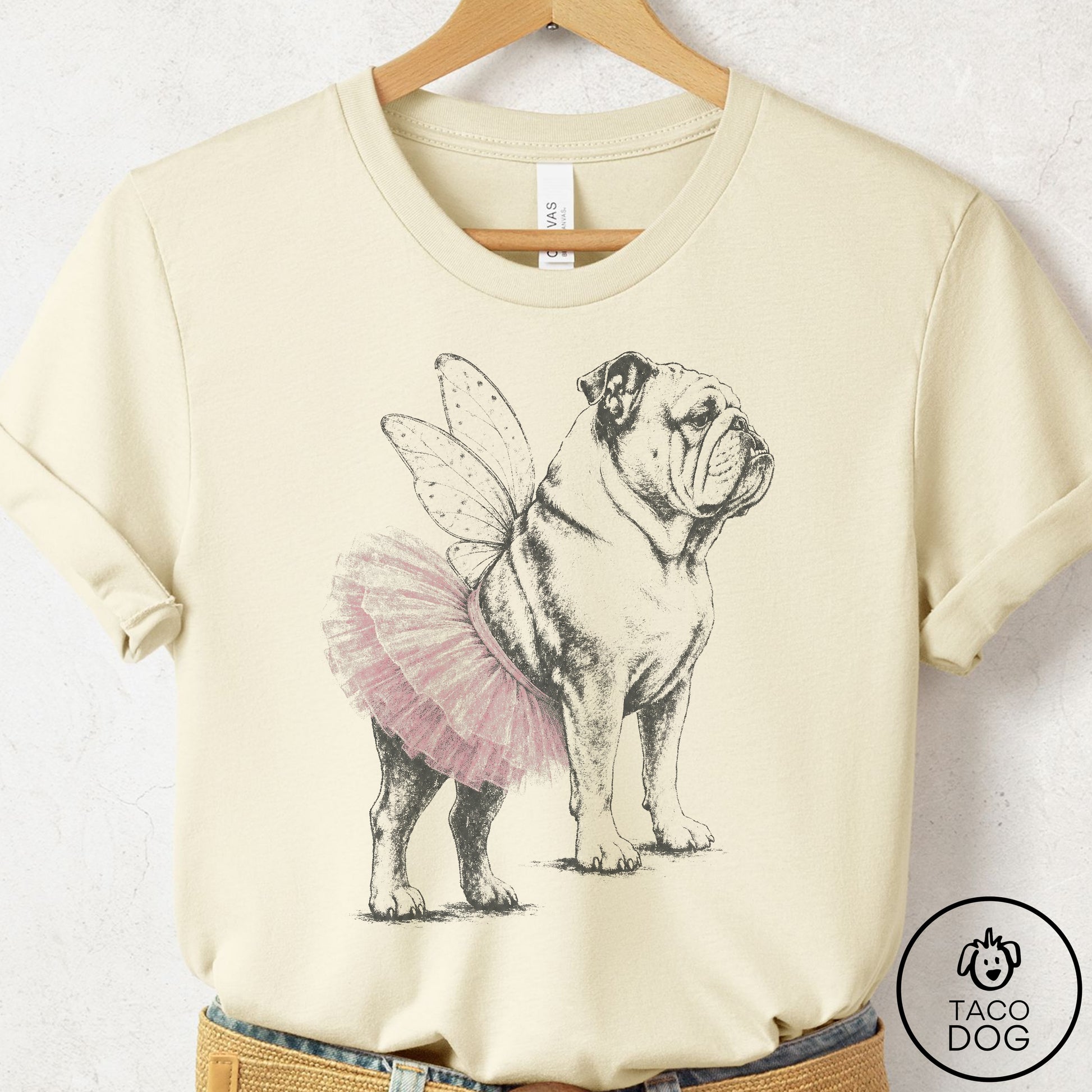 English Bulldog Vintage Fairy T-Shirt Natural Taco-Dog