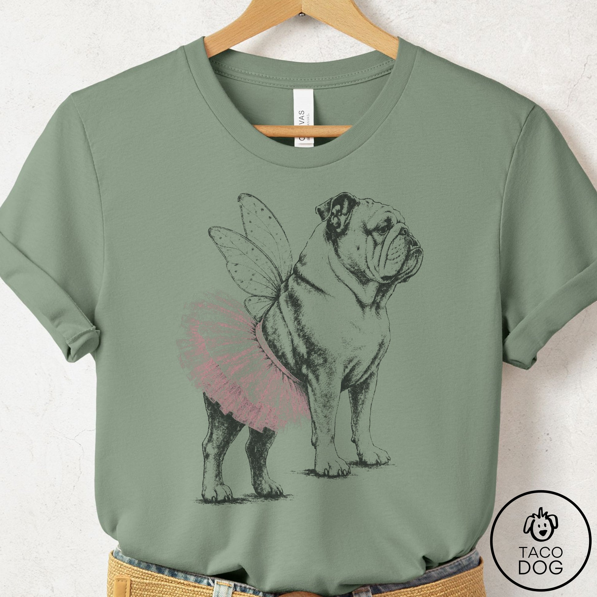 English Bulldog Vintage Fairy T-Shirt Sage Taco-Dog
