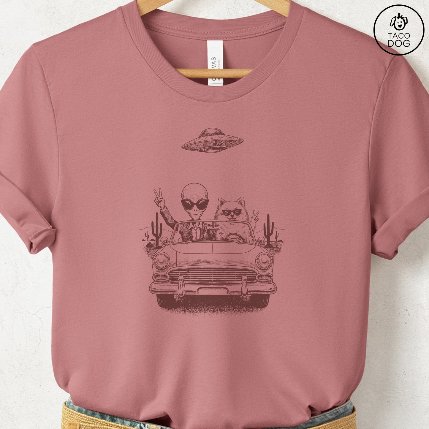 Pomeranian Vintage UFO T-Shirt Heather Mauve S Taco-Dog