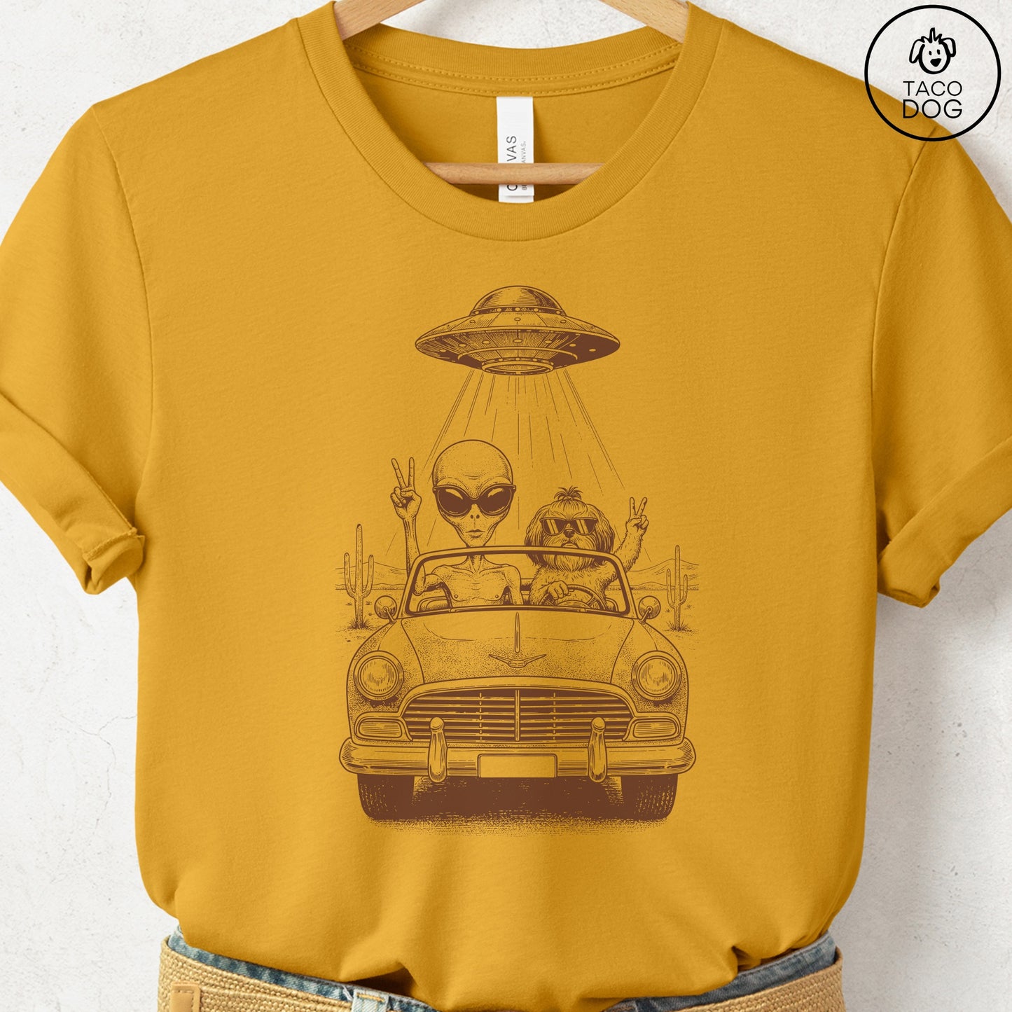Shih Tzu Vintage UFO T-Shirt Mustard S Taco-Dog
