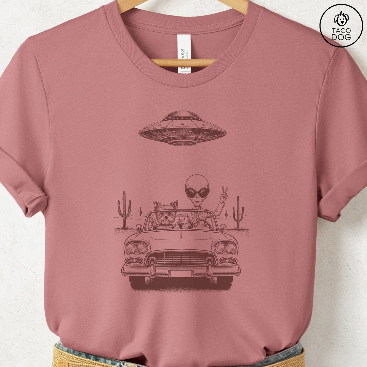 Yorkshire Terrier Yorkie Vintage UFO T-Shirt Heather Mauve S Taco-Dog