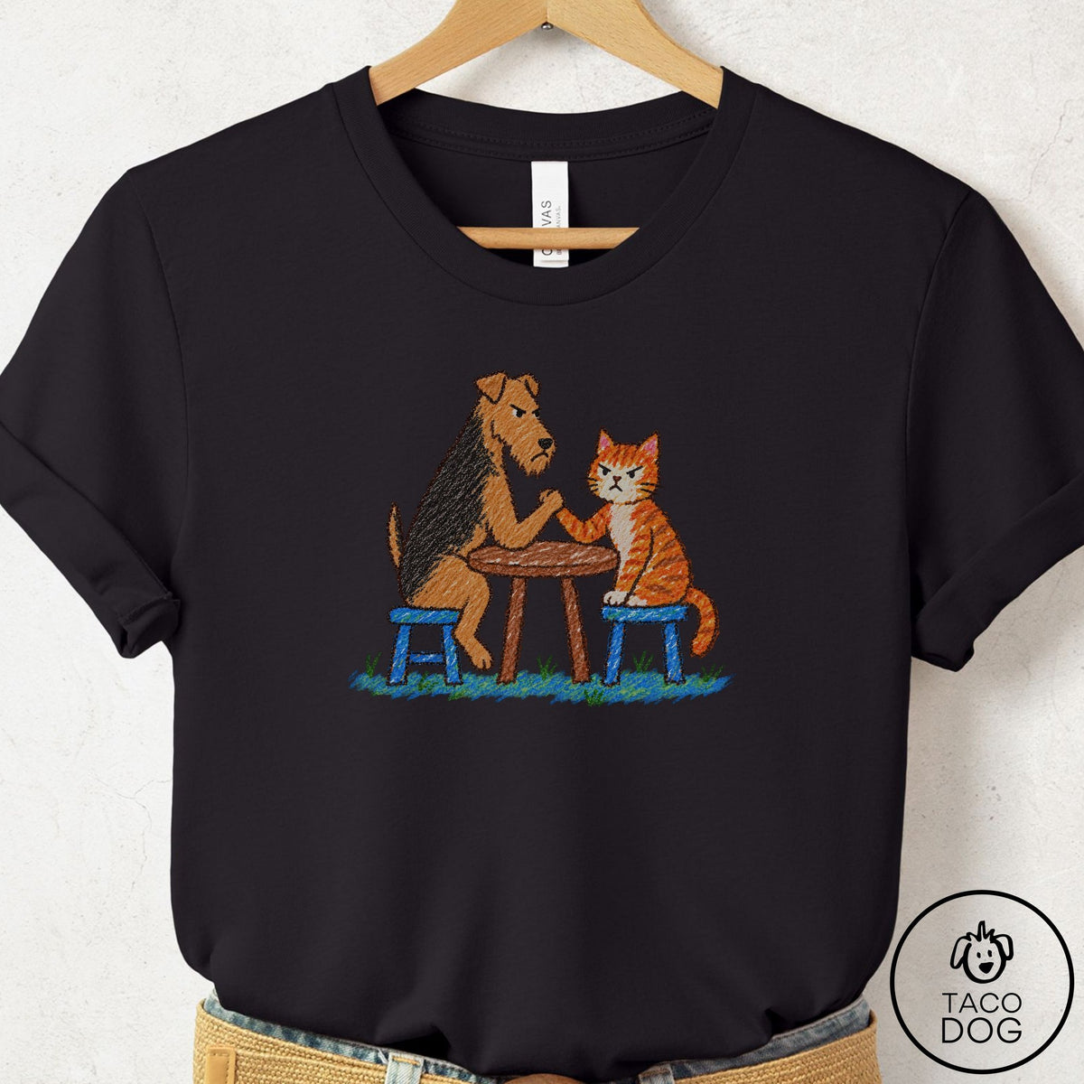 Airedale Arm Wrestling T-Shirt Black Taco-Dog