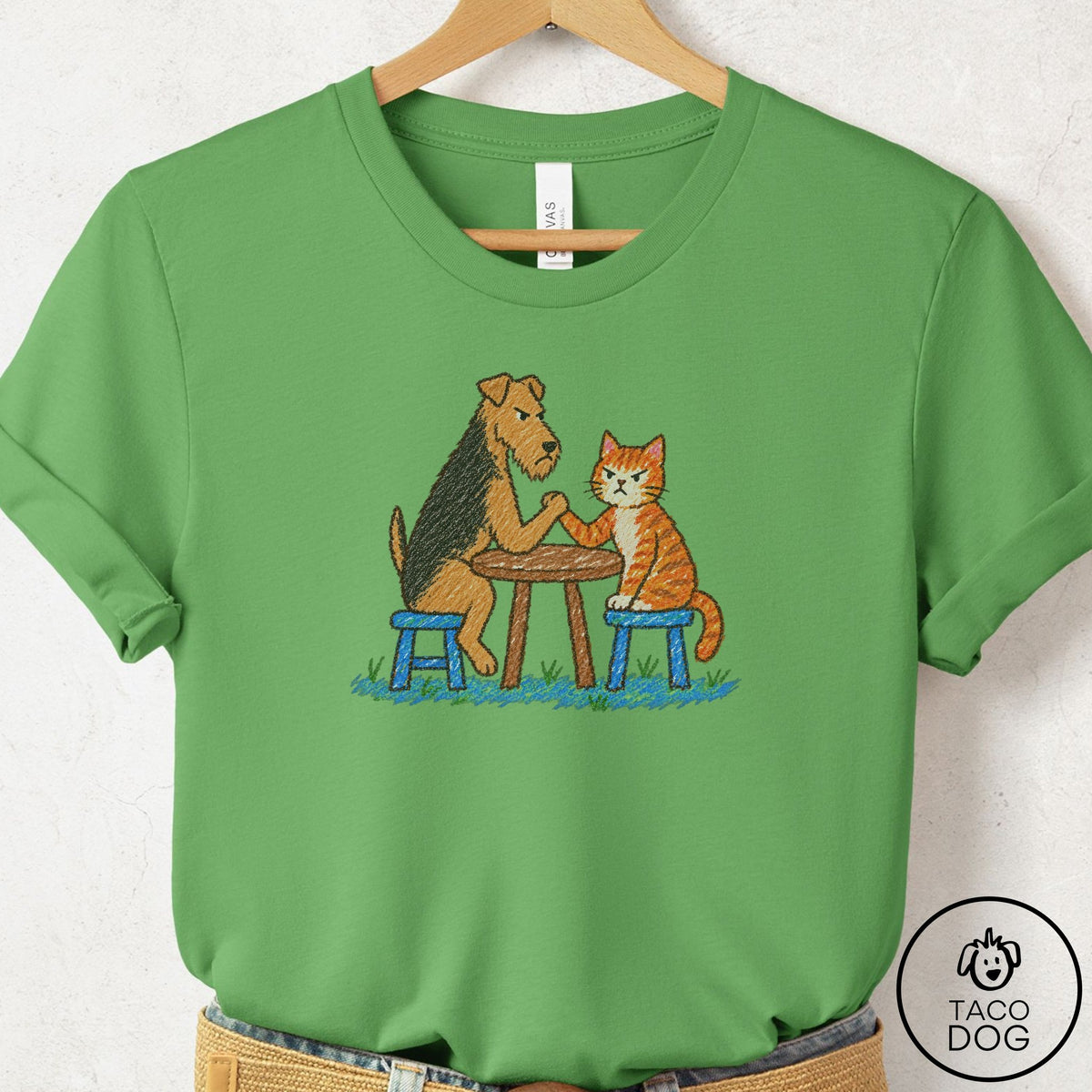 Airedale Arm Wrestling T-Shirt Leaf Taco-Dog