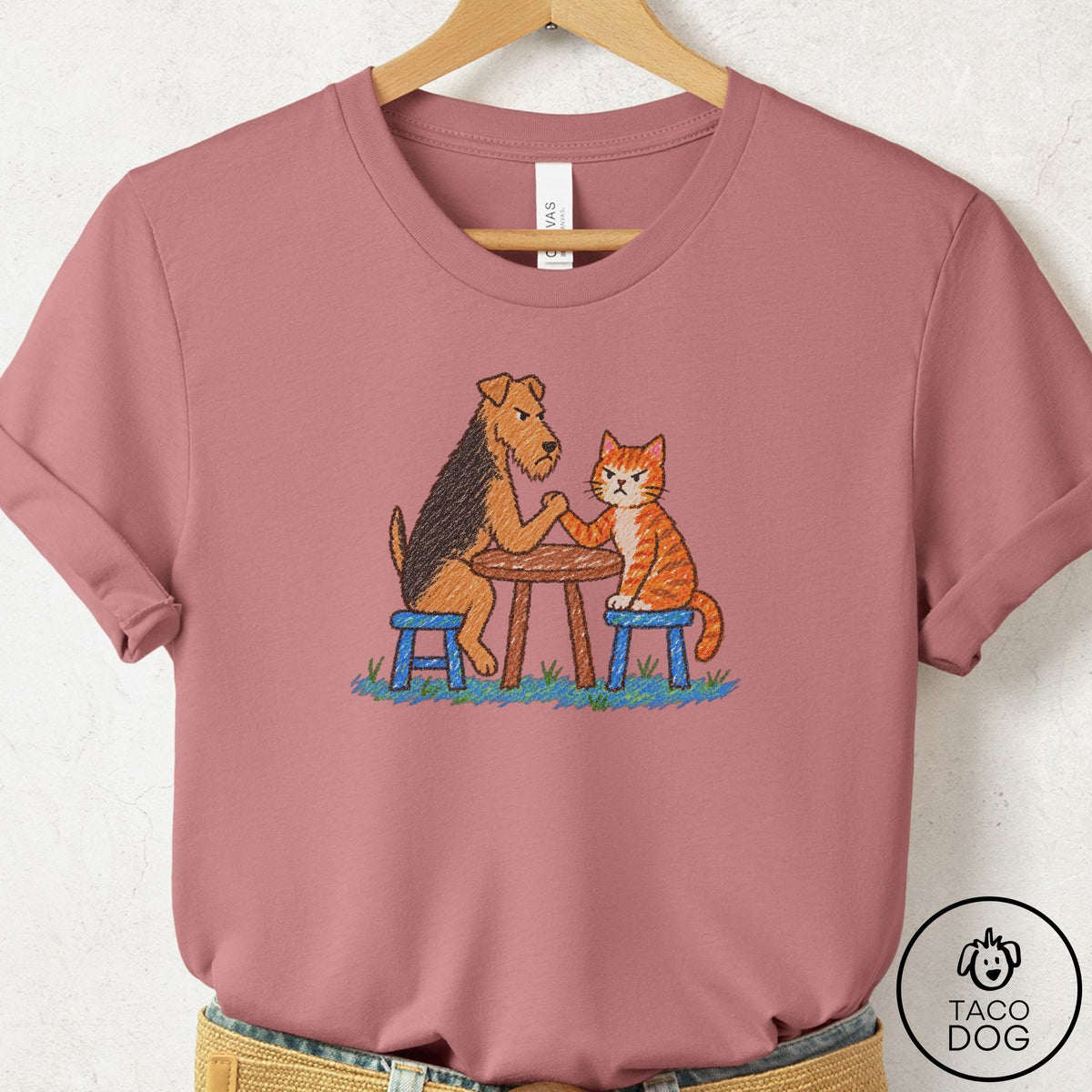 Airedale Arm Wrestling T-Shirt Mauve Taco-Dog