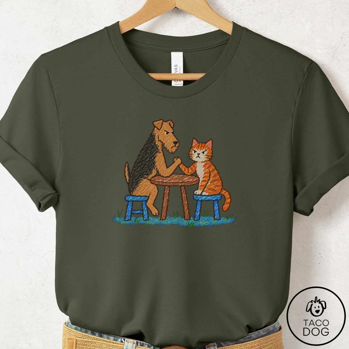 Airedale Arm Wrestling T-Shirt Military Green Taco-Dog