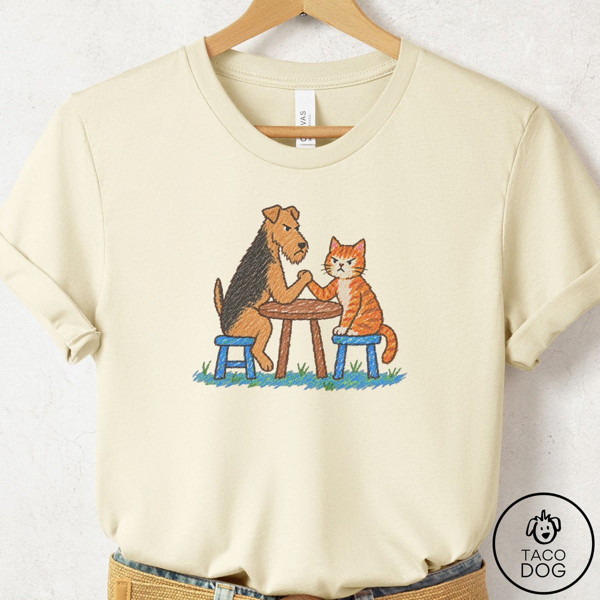 Airedale Arm Wrestling T-Shirt Natural Taco-Dog