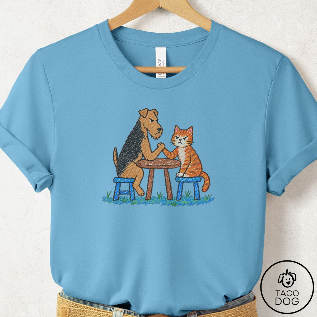 Airedale Arm Wrestling T-Shirt Ocean Blue Taco-Dog