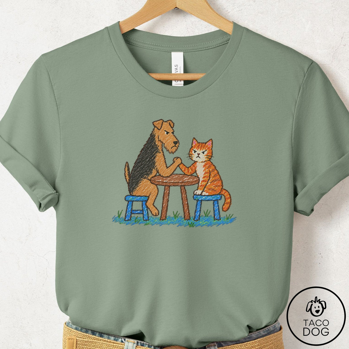 Airedale Arm Wrestling T-Shirt Sage Taco-Dog