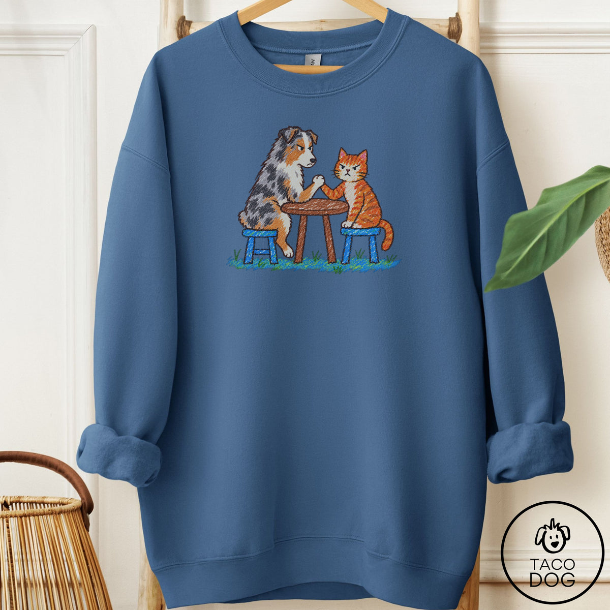 Australian Shepherd Arm Wrestling Sweatshirt Indigo Blue Taco-Dog