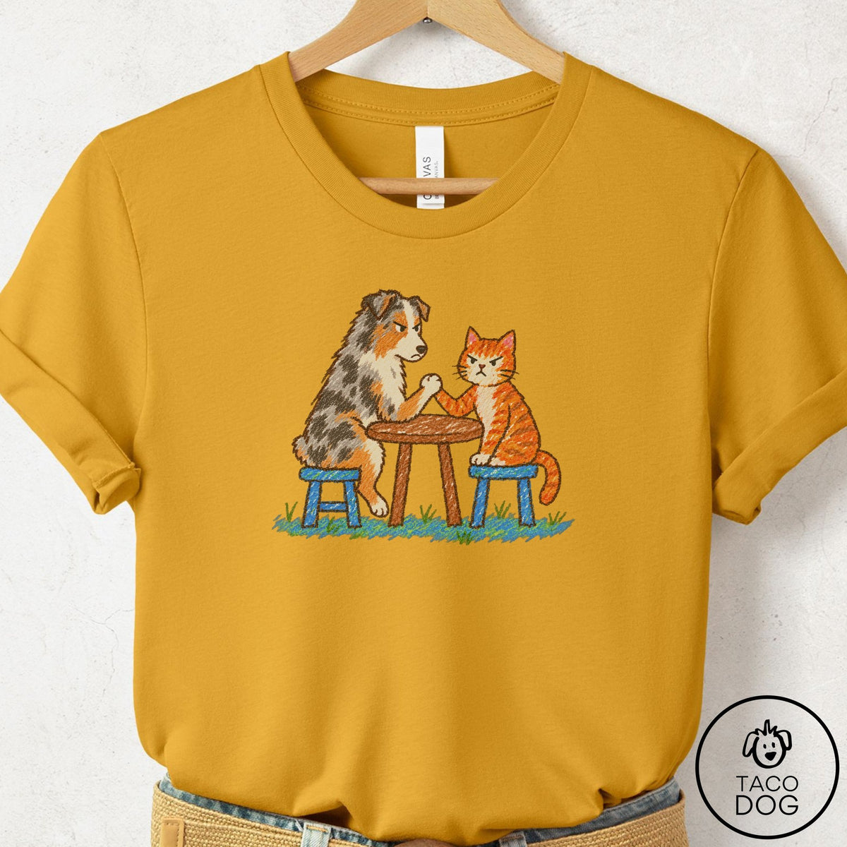 Australian Shepherd Arm Wrestling T-Shirt Mustard Taco-Dog