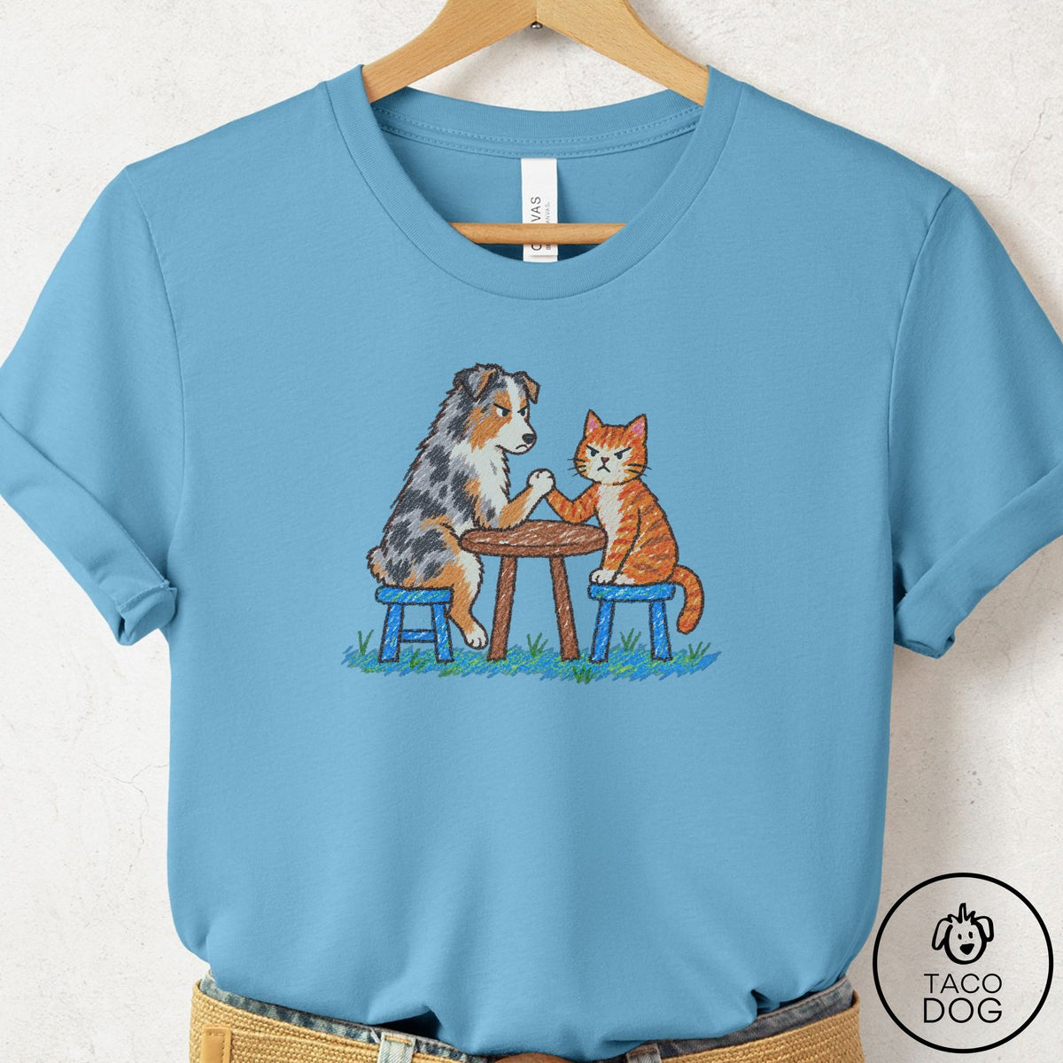 Australian Shepherd Arm Wrestling T-Shirt Ocean Blue Taco-Dog