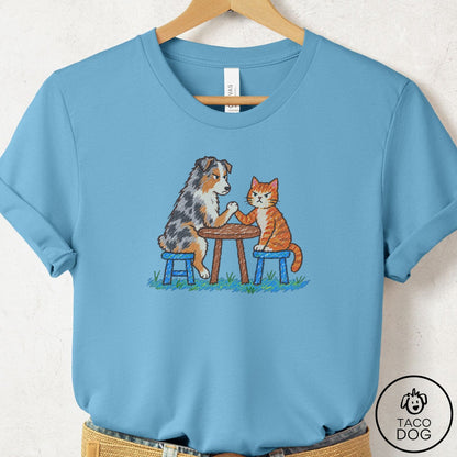 Australian Shepherd Arm Wrestling T-Shirt Ocean Blue Taco-Dog
