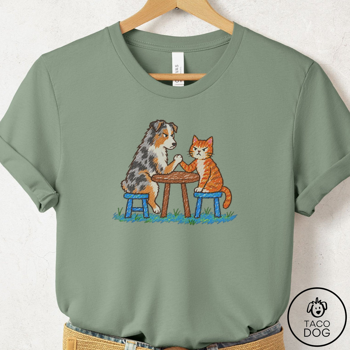 Australian Shepherd Arm Wrestling T-Shirt Sage Taco-Dog