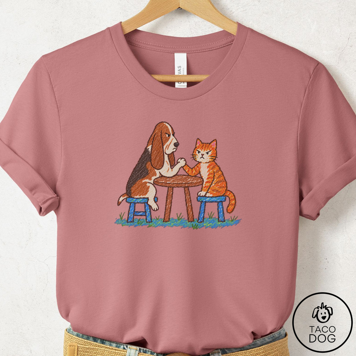 Basset Hound Arm Wrestling T-Shirt Mauve Taco-Dog