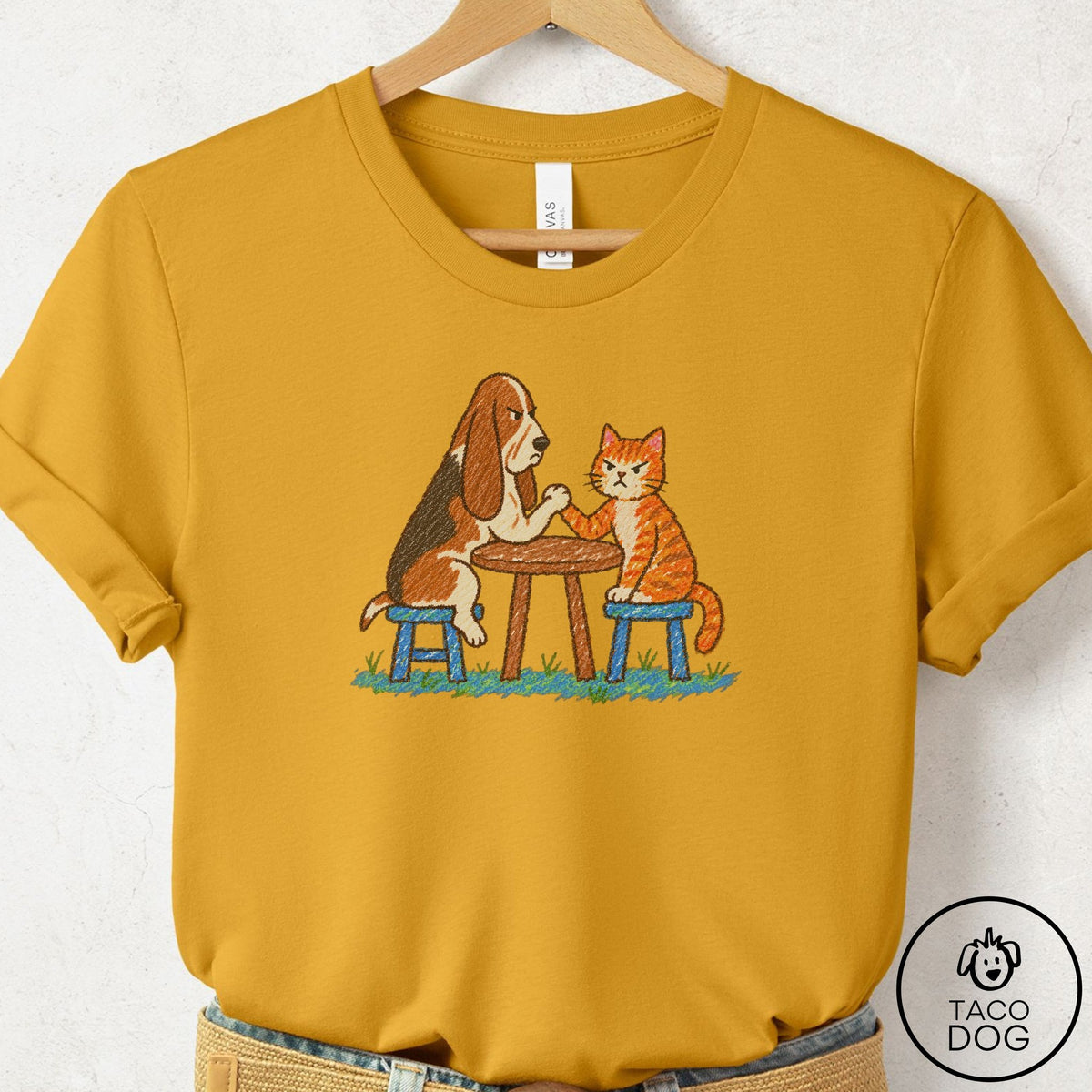 Basset Hound Arm Wrestling T-Shirt Mustard Taco-Dog