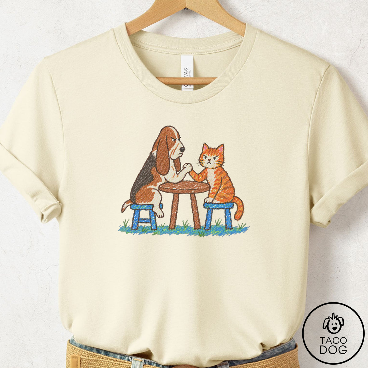 Basset Hound Arm Wrestling T-Shirt Natural Taco-Dog