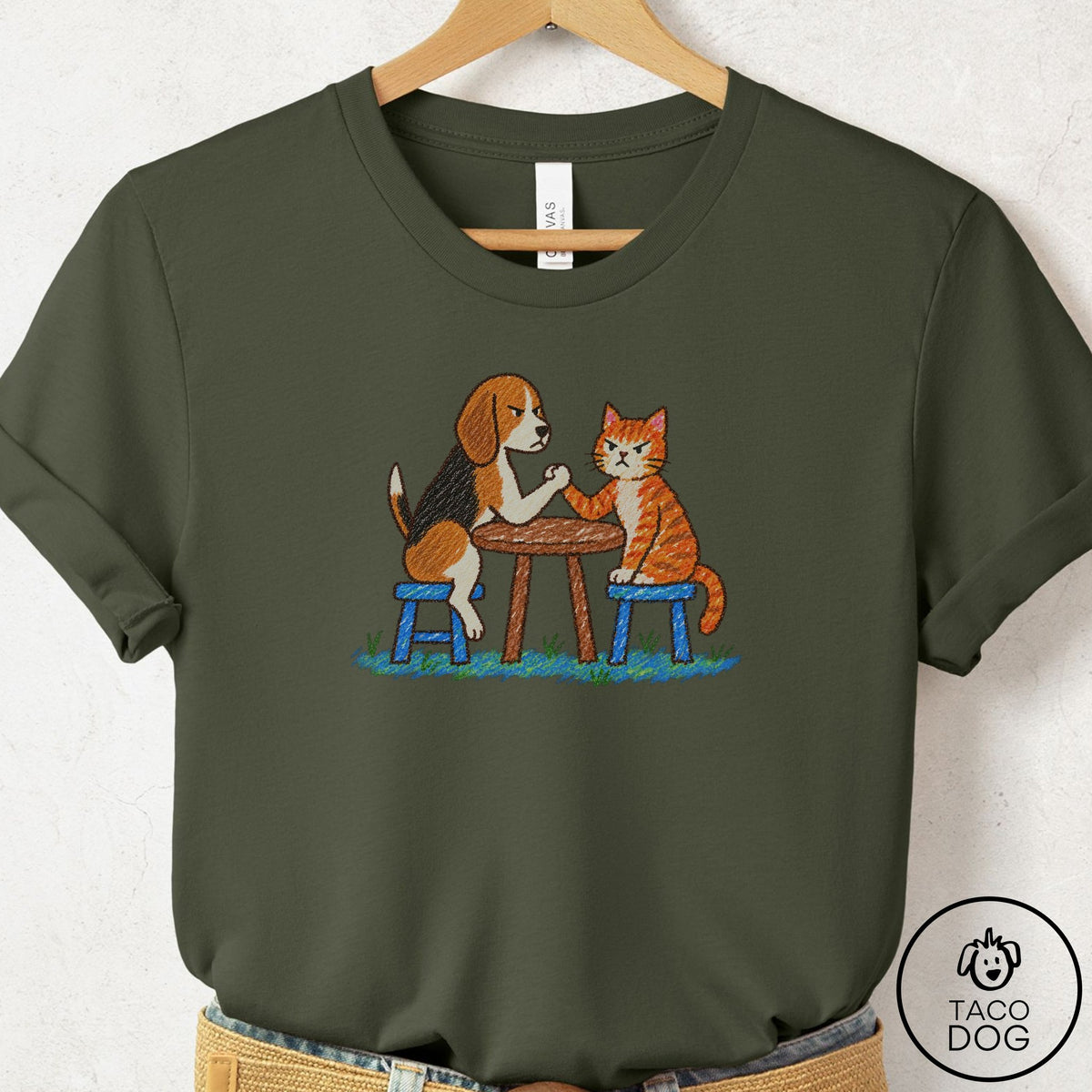 Beagle Arm Wrestling T-Shirt Military Green Taco-Dog