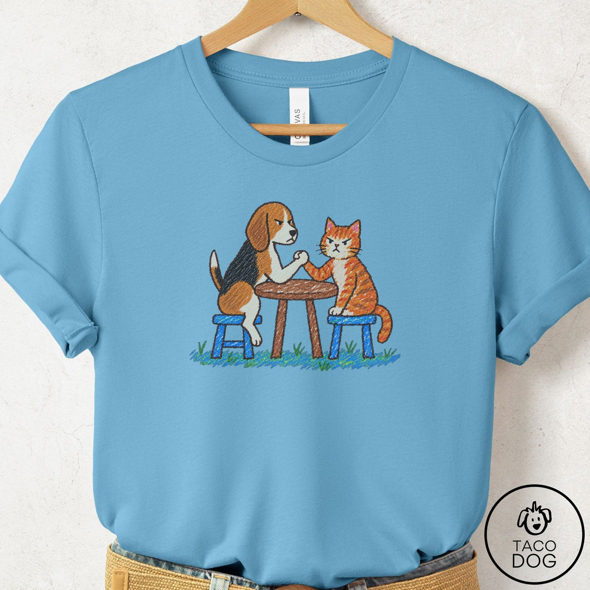Beagle Arm Wrestling T-Shirt Ocean Blue Taco-Dog