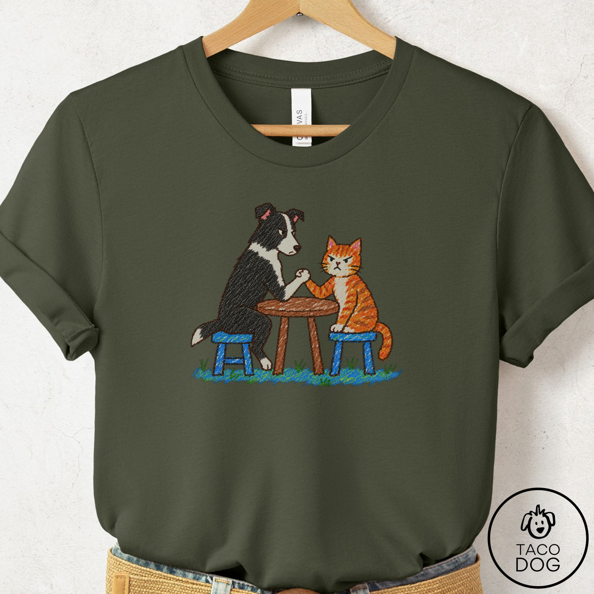 Border Collie Arm Wrestling T-Shirt Military Green Taco-Dog