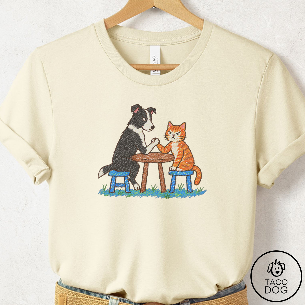Border Collie Arm Wrestling T-Shirt Natural Taco-Dog