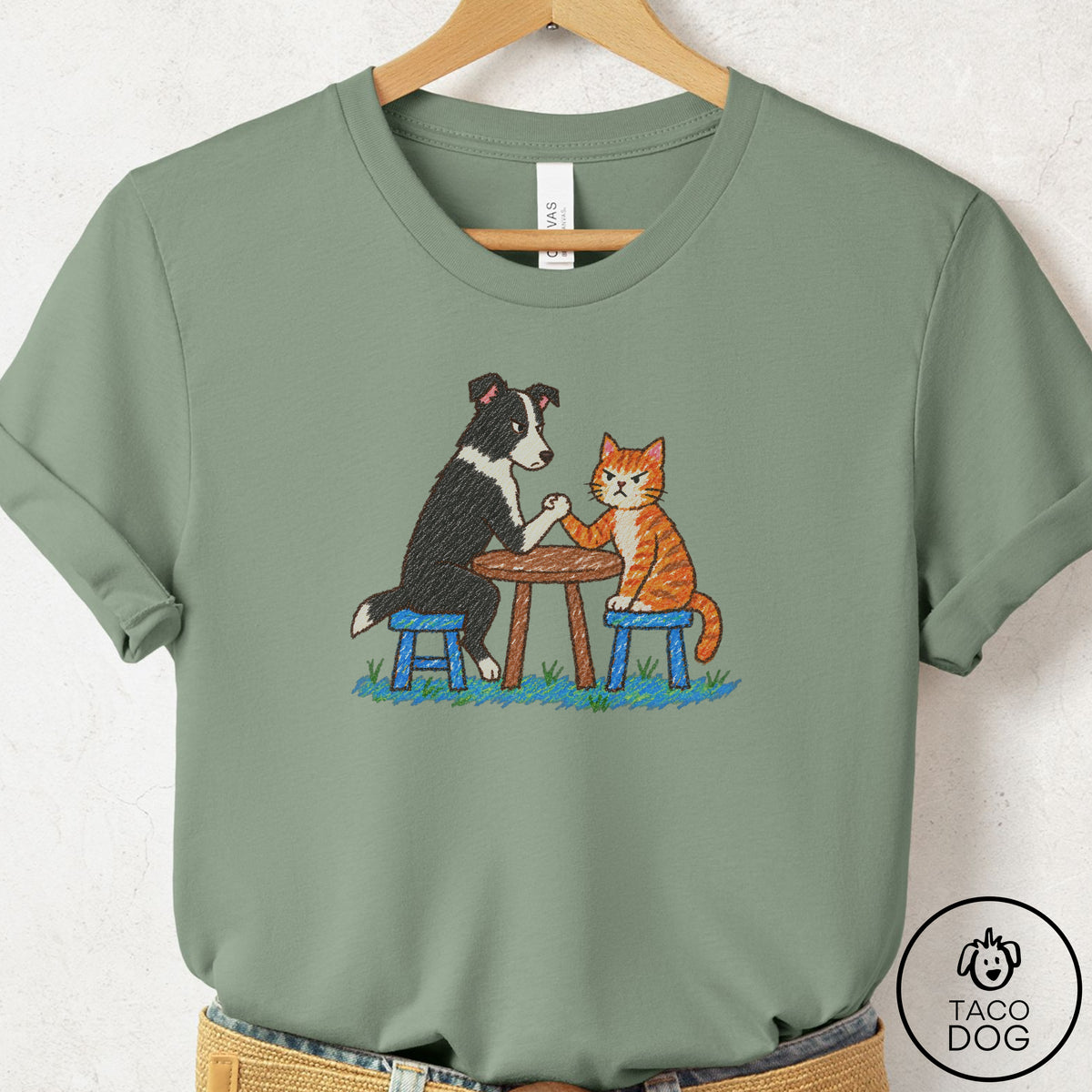 Border Collie Arm Wrestling T-Shirt Sage Taco-Dog
