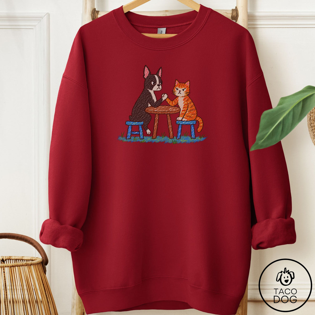 Boston Terrier Arm Wrestling Sweatshirt Garnet Taco-Dog