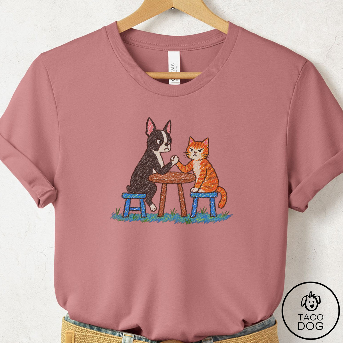 Boston Terrier Arm Wrestling T-Shirt Mauve Taco-Dog