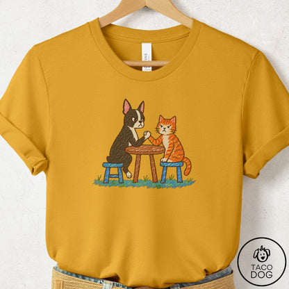 Boston Terrier Arm Wrestling T-Shirt Mustard Taco-Dog
