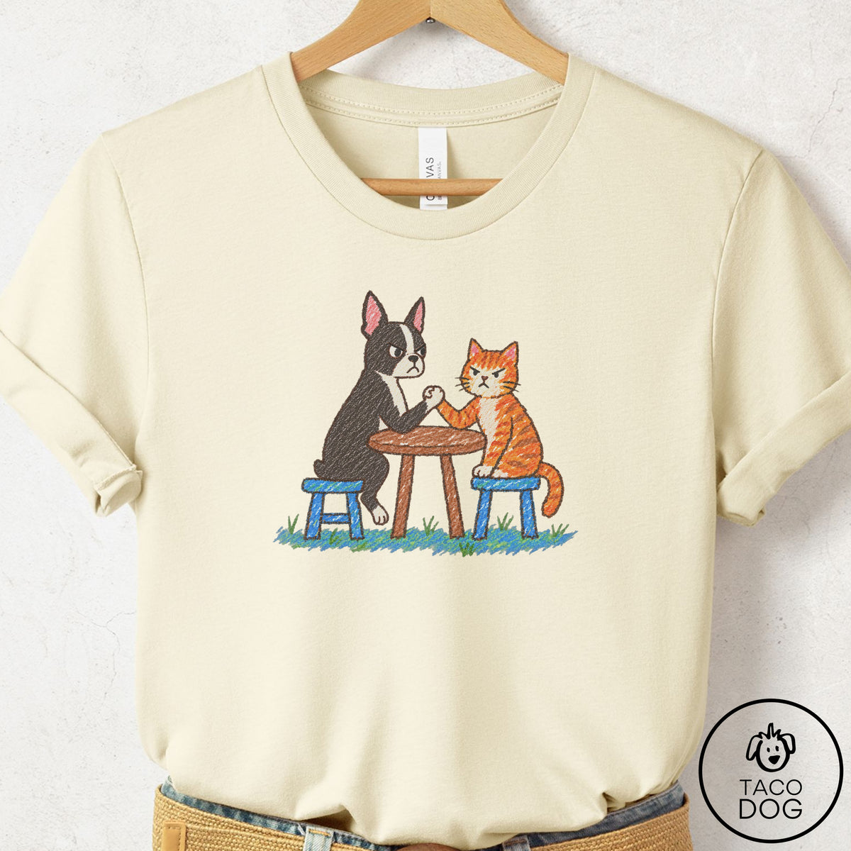 Boston Terrier Arm Wrestling T-Shirt, design close-up